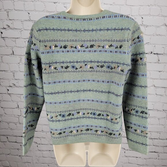 VTG Talbots Green 100% Wool Embroidered Floral Cardigan Sweater Size Small S - Picture 2 of 13